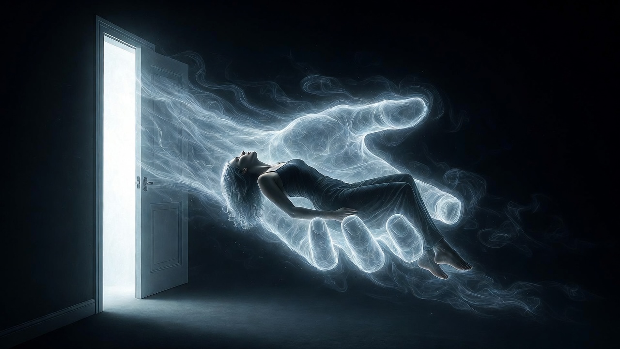 Ethereal hand reaches into pitch black room and gentle cradles a woman's limp body, pulling her from darkness into light.