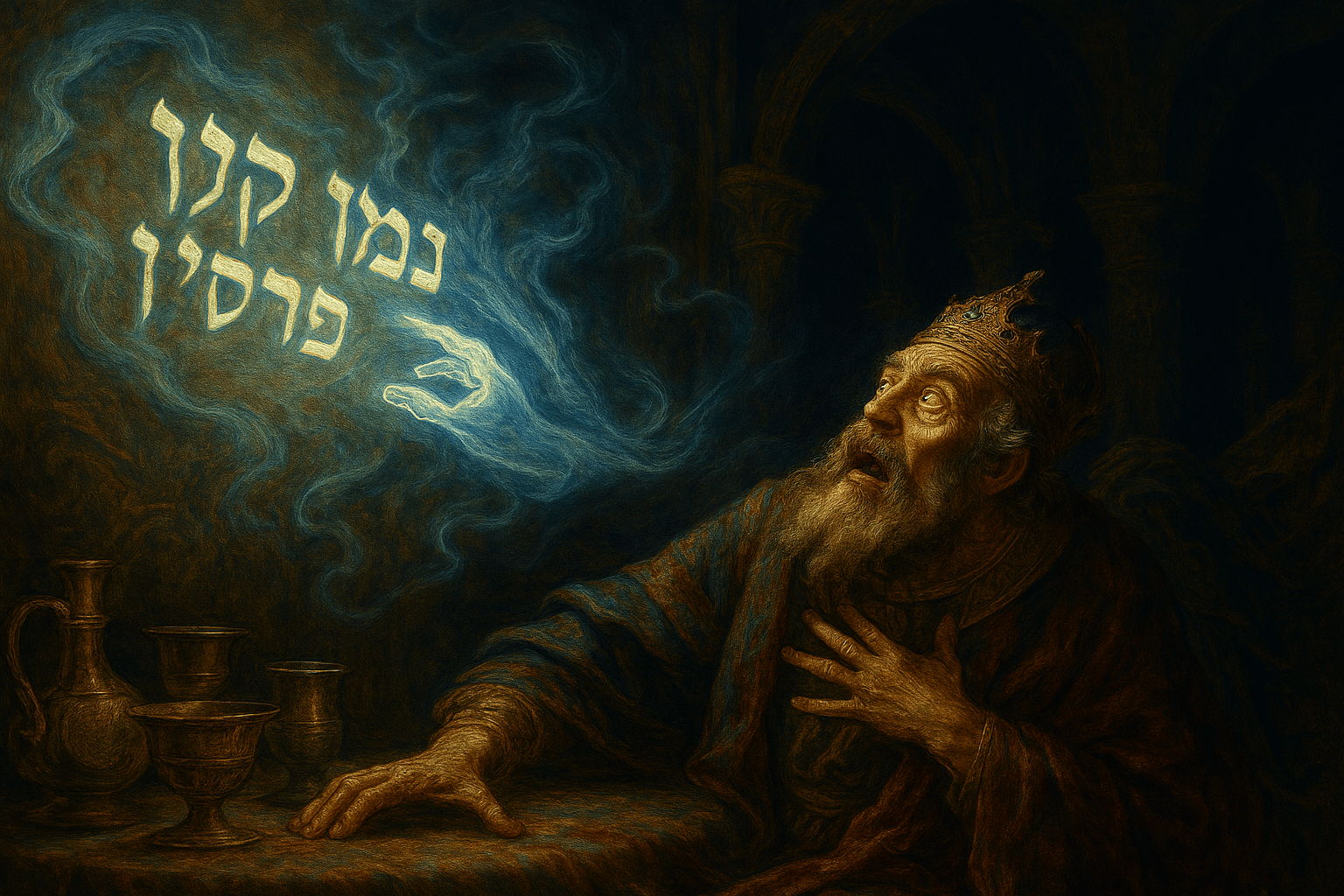 a king astonished and frightened at the hand he sees writing on the wall.