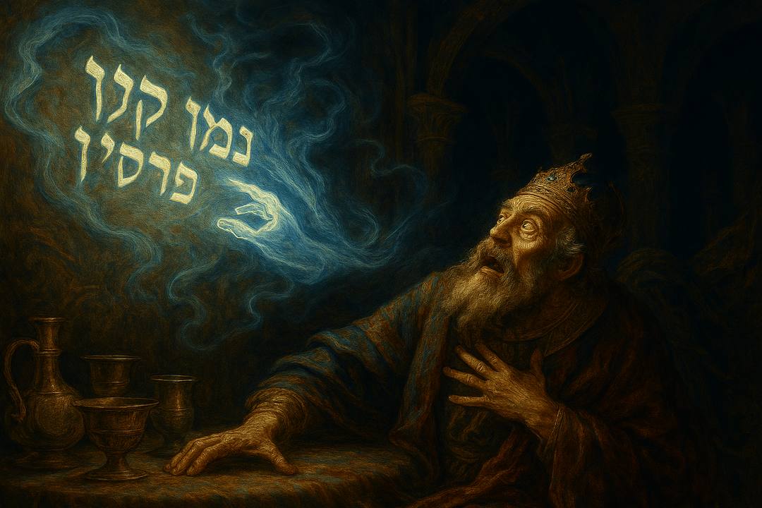 a king astonished and frightened at the hand he sees writing on the wall.